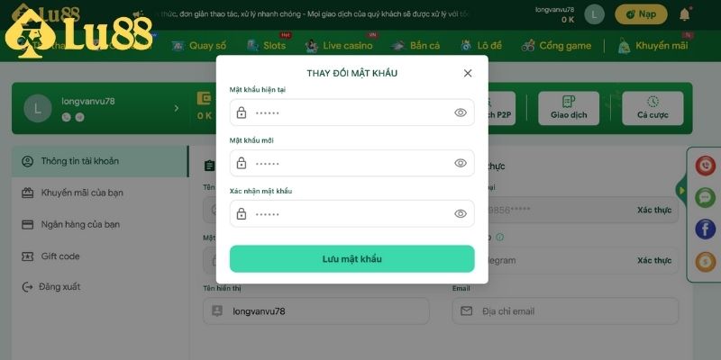 Quy trình đổi password dễ dàng tại Lu88